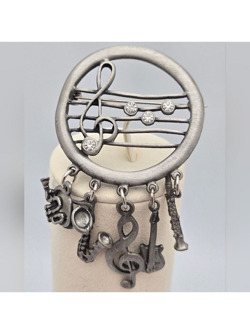 Pewter Musical Brooch Dangling Instruments Notes Figural Pin